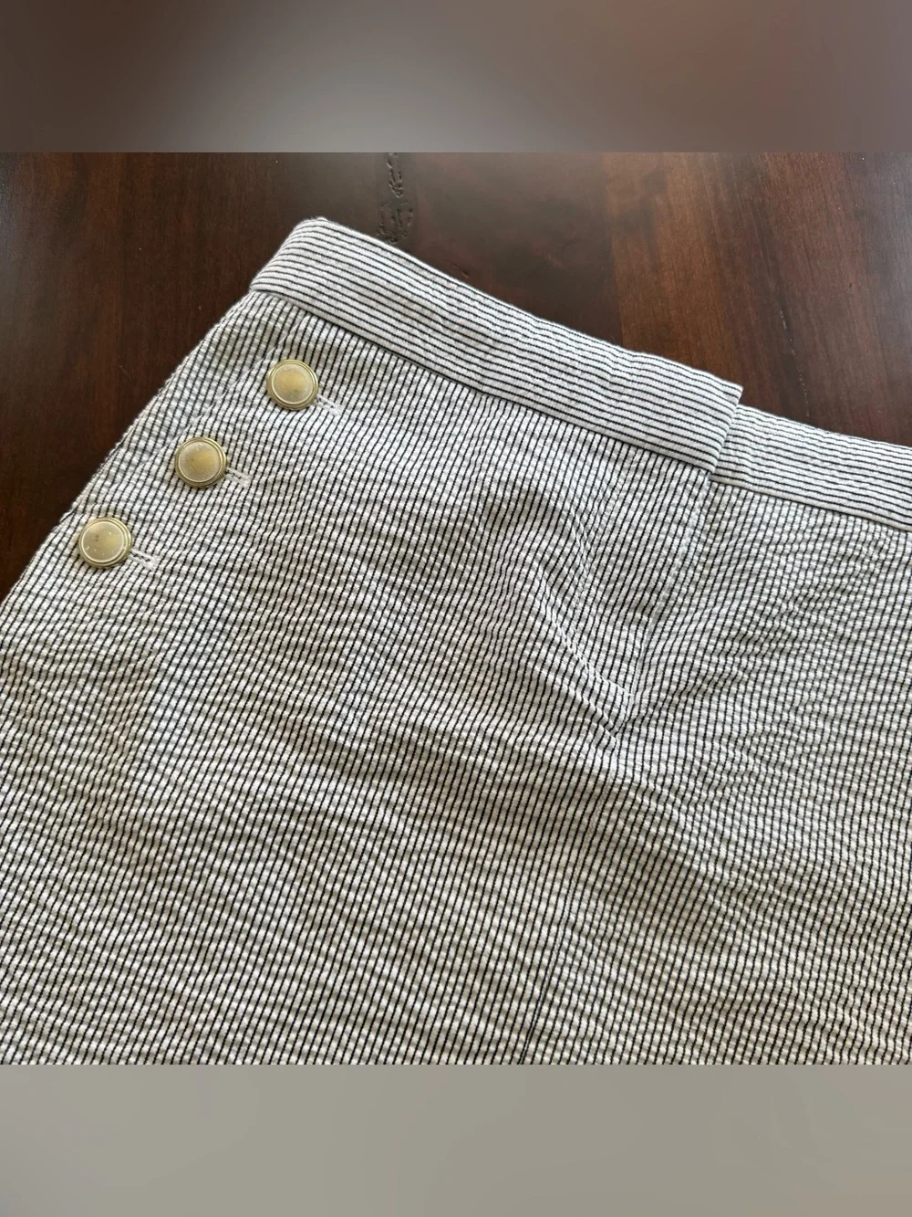 J. Crew White Seersucker Mini Skirt with Gold Buttons